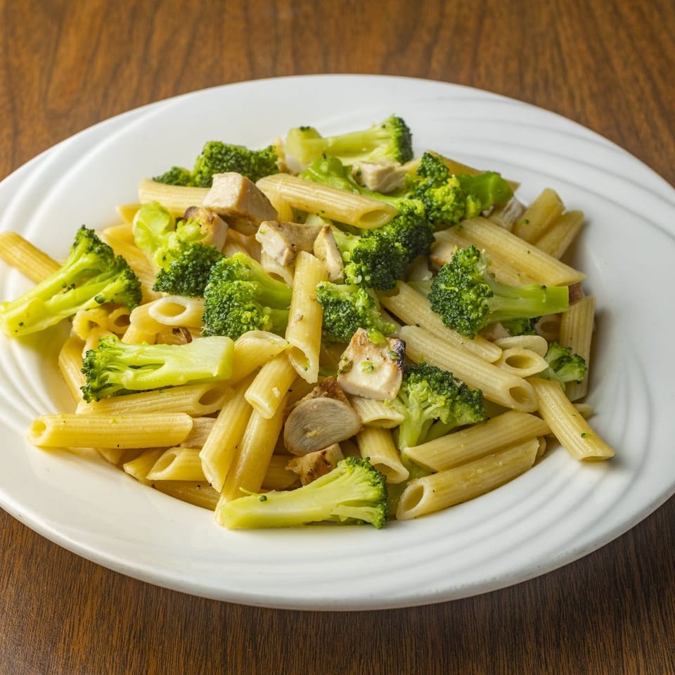 Penne pasta with chicken and broccoli florets on a white plate, on a wooden table.